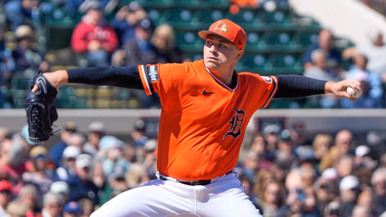 Detroit Tigers starting pitcher Tarik Skubal throws against the Minnesota Twins in the first inning of a spring training baseball game, Monday, Feb. 23, 2026, in Lakeland, Fla. Credit: AP/John Raoux