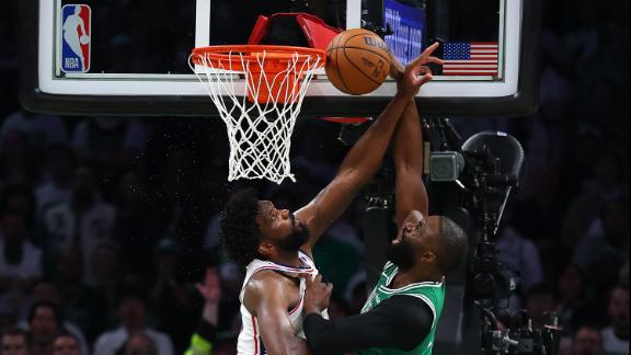 Joel Embiid stops Jaylen Brown posterization attempt with amazing block
