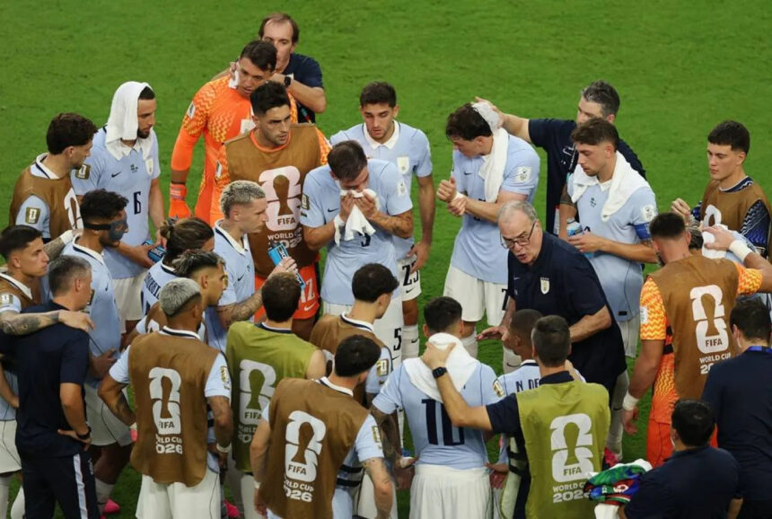 FIFA World Cup 2026 - Group H - Saudi Arabia v Uruguay - Miami Stadium, Miami Gardens, Florida, US - June 15, 2026 Uruguay coach Marcelo Bielsa speaks to his players during the second half hydration break. (Reuters)