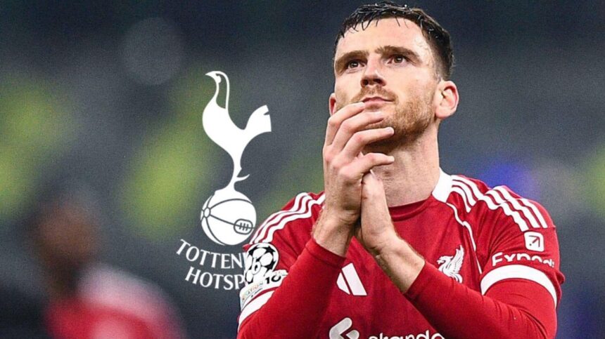 Liverpool defender Andy Robertson with the Tottenham badge