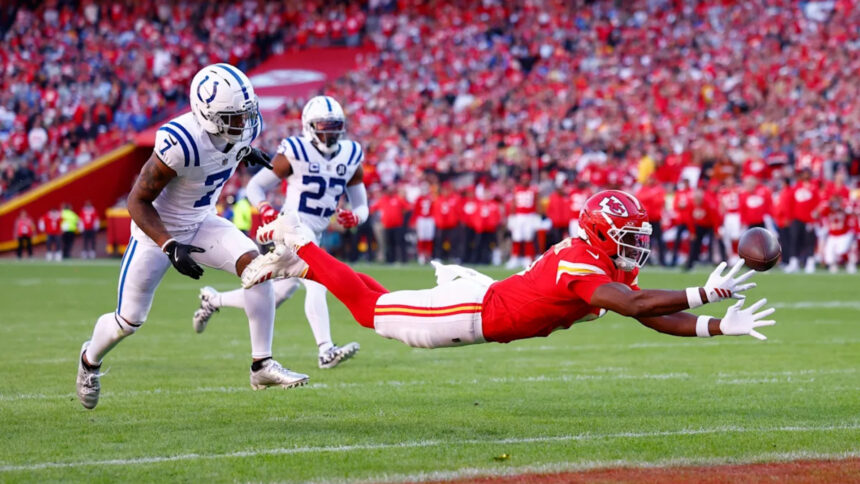 Kansas City Chiefs wide receiver JuJu Smith-Schuster (9) has the pass just go off his finger tips during an NFL game between the Indianapolis Colts and the Kansas City Chiefs on November 23, 2025 at GEHA Field at Arrowhead Stadium in Kansas City, MO