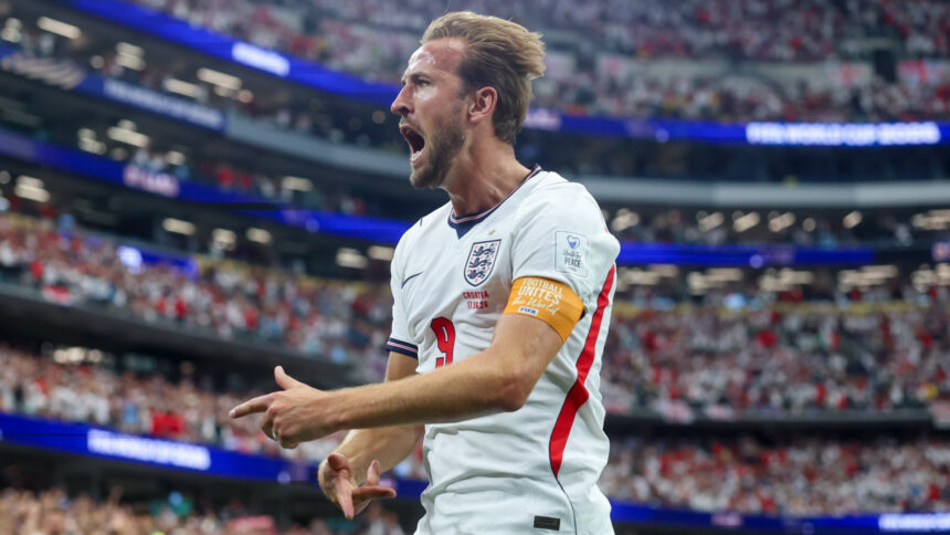 Harry Kane jubilates after scoring against Croatia