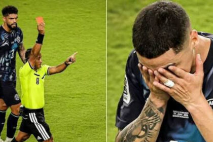 Miguel Almiron saw red after covering his mouth while speaking to an opponent