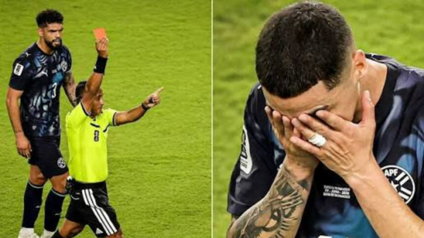 Miguel Almiron saw red after covering his mouth while speaking to an opponent