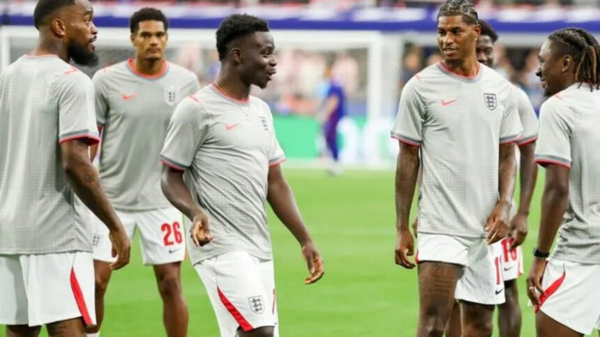 England winger Bukayo Saka missed Saturday's training session as he continues to manage an injury issue.