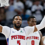 Detroit Pistons guard Malik Beasley (5) celebrates after scoring against the New York Knicks during the first half of Game 6 of an NBA basketball first-round playoff series Thursday, May 1, 2025, in Detroit.