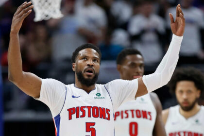 Detroit Pistons guard Malik Beasley (5) celebrates after scoring against the New York Knicks during the first half of Game 6 of an NBA basketball first-round playoff series Thursday, May 1, 2025, in Detroit.