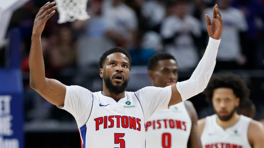 Detroit Pistons guard Malik Beasley (5) celebrates after scoring against the New York Knicks during the first half of Game 6 of an NBA basketball first-round playoff series Thursday, May 1, 2025, in Detroit.