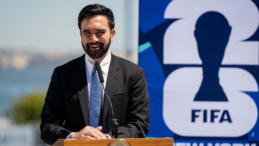 Zohran Mamdani speaks during a FIFA World Cup announcement in New York.