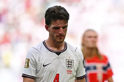 Declan Rice looks on during the quarter-final match against Norway