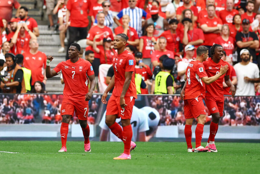 Switzerland's Johan Manzambi celebrates scoring their second goal with Breel Embolo, Remo Freuler and Manuel Akanji