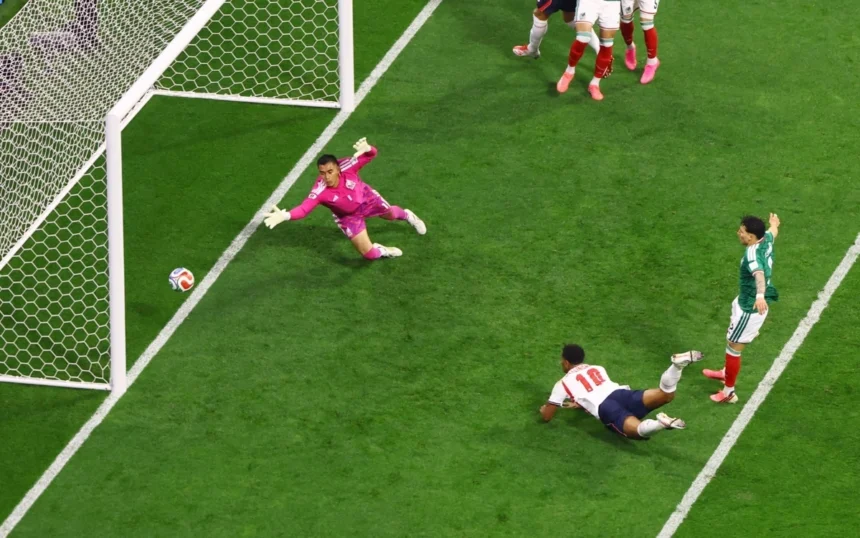 England's Jude Bellingham (10) opens the score against Mexico with a header in their World Cup round of 16 match in Mexico, July 5, 2026.