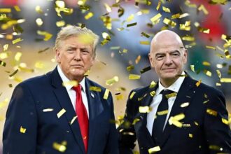 US President Donald Trump (left) and FIFA president Gianni Infantino during the trophy presentation for the FIFA World Cup 2026 on July 19.