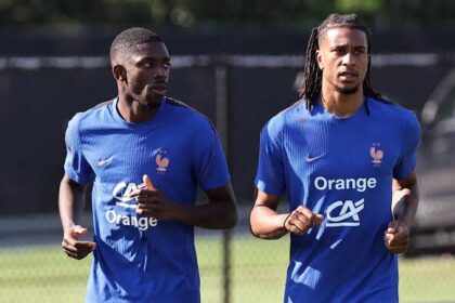 France Training - Bentley University, Boston, Massachusetts, U.S. - June 27, 2026 France's Michael Olise and Ousmane Dembele during training IMAGN IMAGES via Reuters/Winslow Townson REUTERS