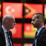 UEFA President Aleksander Ceferin (R) talks to FIFA President Gianni Infantino at the 67th FIFA Congress at the Bahrain International Exhibition and Convention Center in Manama, Bahrain, May 11, 2017.