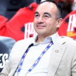 Knicks Senior Vice President of Basketball Operations Gersson Rosas sits on the bench before Game 3 of the NBA Playoffs against the Atlanta Hawks on Thursday, April 23, 2026, at State Farm Arena in Atlanta, Georgia.