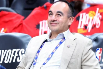 Knicks Senior Vice President of Basketball Operations Gersson Rosas sits on the bench before Game 3 of the NBA Playoffs against the Atlanta Hawks on Thursday, April 23, 2026, at State Farm Arena in Atlanta, Georgia.