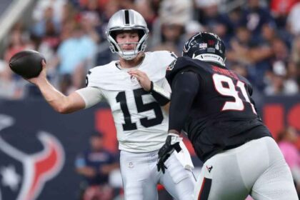 Raiders rookie Fernando Mendoza threw a pick-six on his opening drive and finished 8-of-15 for 86 yards in a 22-20 preseason win over the Texans.