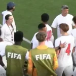 England players gathered at the side of the pitch after the alleged incident