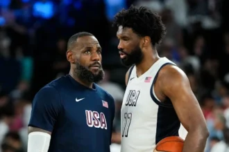LeBron James and Joel Embiid during the mens basketball semi-final between USA and Serbia at Bercy Arena during the Paris 2024 Olympics
