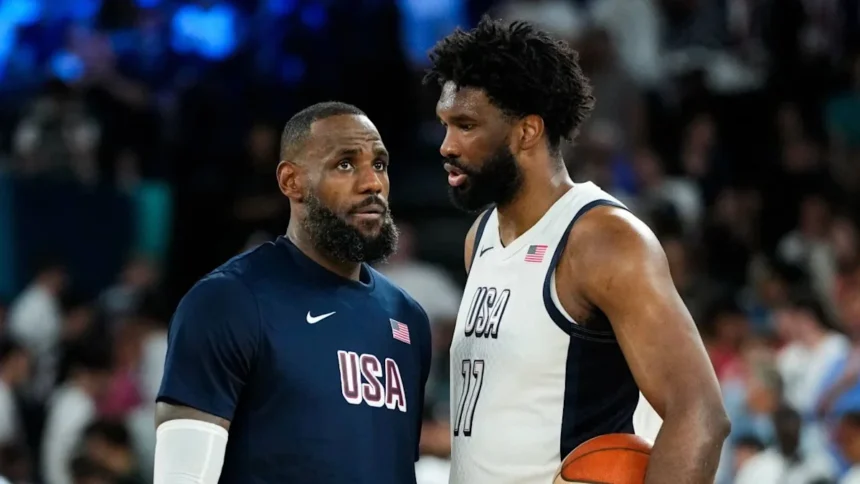 LeBron James and Joel Embiid during the mens basketball semi-final between USA and Serbia at Bercy Arena during the Paris 2024 Olympics