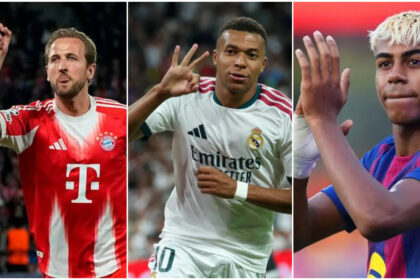 A collage of Harry Kane, Kylian Mbappe and Lamine Yamal