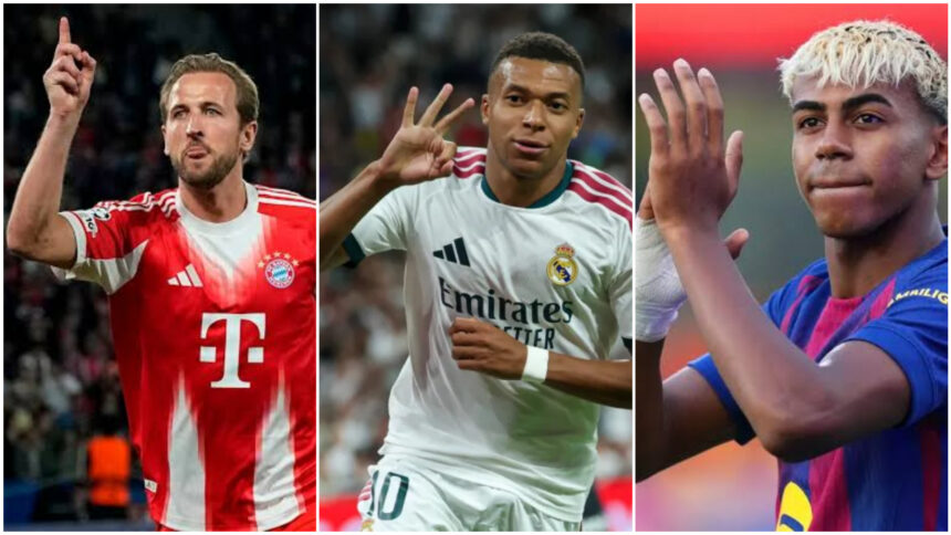 A collage of Harry Kane, Kylian Mbappe and Lamine Yamal