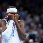 Thunder guard Shai Gilgeous-Alexander (2) reacts after Jalen Williams (8) was injured in the second half during the NBA basketball game between the Oklahoma City Thunder and LA Clippers at the Paycom Center in Oklahoma City, Sunday, Oct., 25, 2026.