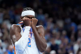 Thunder guard Shai Gilgeous-Alexander (2) reacts after Jalen Williams (8) was injured in the second half during the NBA basketball game between the Oklahoma City Thunder and LA Clippers at the Paycom Center in Oklahoma City, Sunday, Oct., 25, 2026.