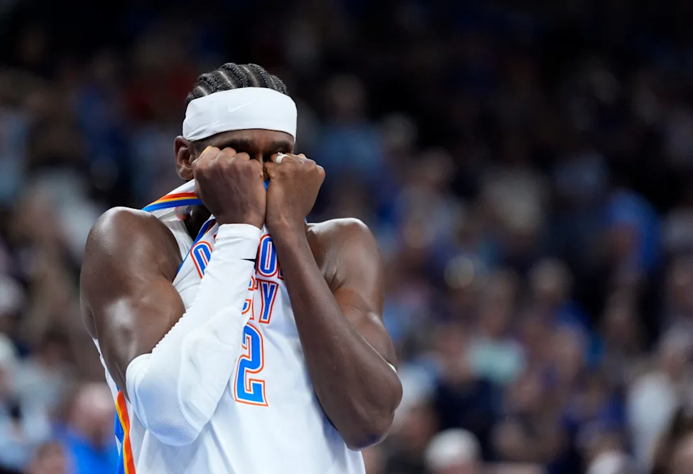 Thunder guard Shai Gilgeous-Alexander (2) reacts after Jalen Williams (8) was injured in the second half during the NBA basketball game between the Oklahoma City Thunder and LA Clippers at the Paycom Center in Oklahoma City, Sunday, Oct., 25, 2026.