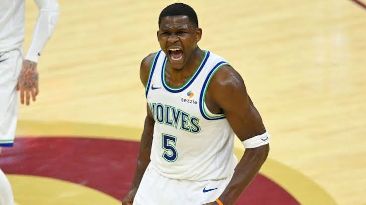 Minnesota Timberwolves guard Anthony Edwards (5) celebrates in the fourth quarter against the Cleveland Cavaliers at Rocket Arena. Credit: David Richard-Imagn Images